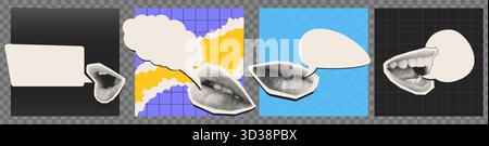 Halbtonaufkleber mit Sprechblasen im Retro-Pop-Art-Collage-Stil auf farbenfrohen gemusterten Hintergründen. Schwarz-weiße Rasterlippen mit gepunkteten Papierdialogformen und geometrischen Texturen. Stock Vektor