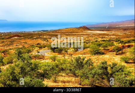 Landschaft in der Nähe von Porto Novo, Insel Santo Antao, Kap Verde, Cabo Verde, Afrika. Savannah-Landschaft auf der Insel Santo Antao, Kap Verde, Cabo Verde, Afri Stockfoto