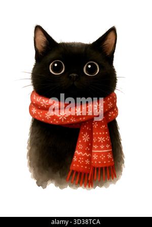 Aquarell Weihnachtskatze – Niedliche Weihnachtskitty Illustration (Festlicher Winterstil) Stockfoto