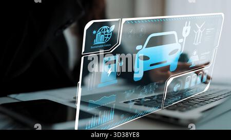 Ladekonsole für Elektrofahrzeuge mit Batteriestatus, Energieverbrauch, Integration erneuerbarer Energien und CO2-Wirkungsverfolgung zur Unterstützung sauberer Energie Stockfoto