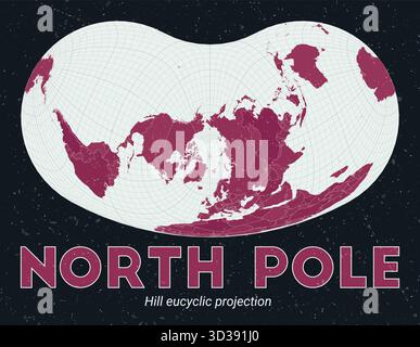 Nordpol. Weltkarte. Hill euzyklische Projektion zentriert zum Nordpol. Palette Pale Mint Dark Pink. Vintage-Textur. Authentische Vektorillustration. Stock Vektor