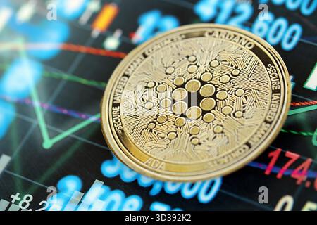 KIEW, UKRAINE - 9. OKTOBER 2025 Cardano ADA Kryptowährung Münzaufkleber auf Chart Values Banner. Das Konzept des modernen Kryptogeldes Stockfoto