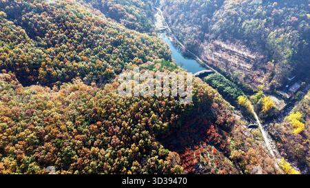 Peking, China. November 2025. Eine Luftdrohne, die am 5. November 2025 aufgenommen wurde, zeigt die Herbstlandschaft eines malerischen Gebiets im Bezirk Pingyi in der Stadt Linyi, der ostchinesischen Provinz Shandong. Quelle: Wu Jiquan/Xinhua/Alamy Live News Stockfoto