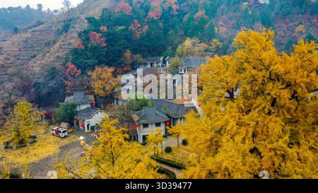 Peking, China. November 2025. Ein Luftdrohnenfoto, das am 5. November 2025 aufgenommen wurde, zeigt die Herbstkulisse eines Tempels in der Stadt Zunhua in der nordchinesischen Provinz Hebei. Quelle: Liu Mancang/Xinhua/Alamy Live News Stockfoto