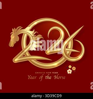 2026 Chinesisches Neujahr auf rotem Hintergrund. Das Jahr des Pferdes. Vektor Moderne Kunst Gold Zahlen Design für Cover, Karte, Poster, Banner, Logo Sternzeichen Stock Vektor