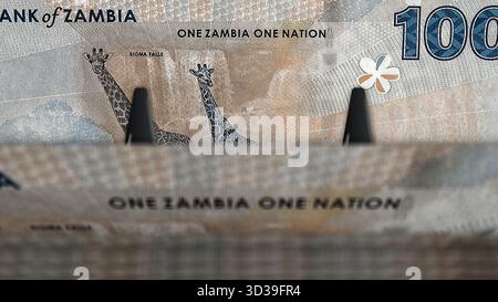 Zambia Kwacha Zambian Money Pack 3D Illustration. 100 ZMW-Banknotenbündel. Konzept von Finanzen, Bargeld, Wirtschaftskrise, Geschäftserfolg, re Stockfoto