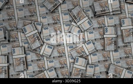 Zambia Kwacha Zambian Money Pack 3D Illustration. 100 ZMW-Banknotenbündel. Konzept von Finanzen, Bargeld, Wirtschaftskrise, Geschäftserfolg, re Stockfoto