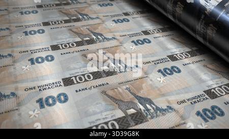 Sambia kwacha Sambisches Geld Geld druckt 3D Illustration. 100-ZMW-Banknotendruck. Konzept von Finanzen, Bargeld, Wirtschaftskrise, Geschäftserfolg, Pause Stockfoto
