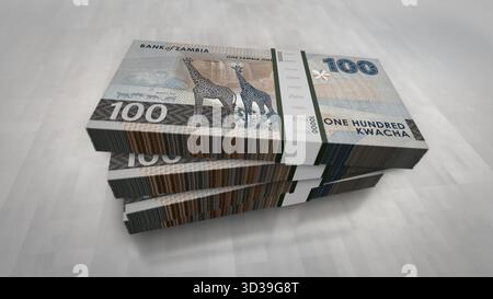 Zambia Kwacha Zambian Money Pack 3D Illustration. 100 ZMW-Banknotenbündel. Konzept von Finanzen, Bargeld, Wirtschaftskrise, Geschäftserfolg, re Stockfoto
