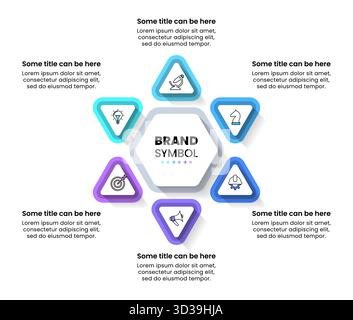 Infografik-Vorlage mit Symbolen und 6 Optionen oder Schritten. Hexagon kann für Workflow-Layout, Diagramm, Banner und Webdesign verwendet werden. Vektorabbildung Stock Vektor