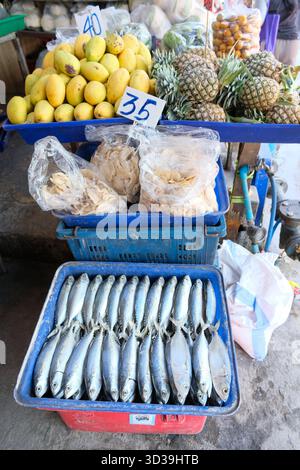 Frischer Fisch, tropische Früchte und Pilze auf einem lokalen Lebensmittelmarkt in Bangkok, Thailand. Stockfoto