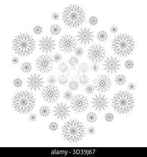 Winter-Mandala mit Schneeflocken. Viele Schneeflocken auf weißem Hintergrund. Einfarbiges dekoratives Designelement. Mandala Ornament Vektor Illustration. Winter Stock Vektor