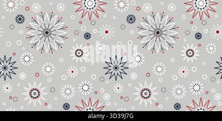 Nahtloses Weihnachtsmuster mit Schneeflocken. Klassischer Stil im Winterhintergrund in traditionellen Farben. Viel Schnee auf grauem Hintergrund. Weihnachtsstimmung Stock Vektor