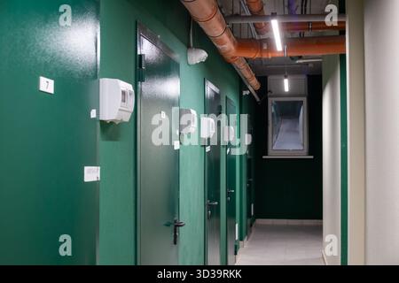 Ein langer, schmaler Korridor mit einer Reihe dunkelgrüner Türen, jede mit einem elektrischen Zähler, und Industrierohren, die an der Decke entlang verlaufen. Untergeschoss eines ap Stockfoto