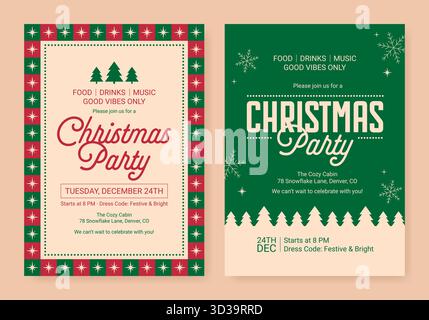 Vintage-Einladungsvorlagen für Weihnachtsfeiern mit festlichen Elementen in Rot und Grün. Vektorabbildung Stock Vektor