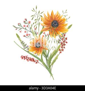Aquarell helle Herbst Blumenstrauß Illustration auf isoliertem Hintergrund. Rudbeckia-Blüten, Spikelett, Wiesenblumen und Kräuterzusammensetzung. Stockfoto