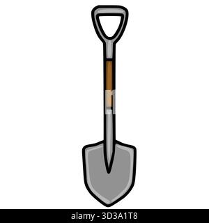 Eine saubere, stilisierte Vektorillustration eines Gartenspatzes mit einem grauen Metallkopf und einem braunen Holzgriff, isoliert auf einem weißen Hintergrund. Stock Vektor