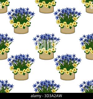 Nahtloses Vektormuster aus vergossenen blauen und gelben Frühlingsblumen, mit scilla und Primeln in einem charmanten, handgezeichneten Stil. Stock Vektor