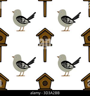 Nahtloses Vektormuster mit bezaubernden Zeichentrickvögeln und hölzernen Vogelhäusern auf einem sauberen weißen Hintergrund, das ein Gefühl von Natur und Einfachheit weckt. Stock Vektor