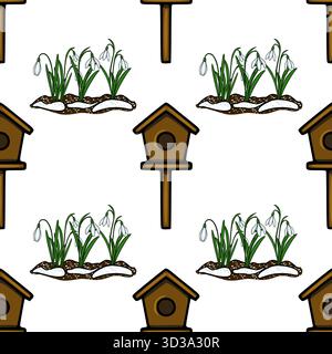 Nahtloses Vektormuster mit Schneeglöckchen im frühen Frühjahr mit einem Vogelhaus, das Erneuerung und Erwachen der Natur symbolisiert. Stock Vektor