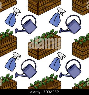 Nahtloses Vektormuster mit hölzernen Gartenpflanzen mit jungen grünen Setzlingen, Gießkannen und Sprühflaschen in einem charmanten, handgezeichneten Stil. Stock Vektor