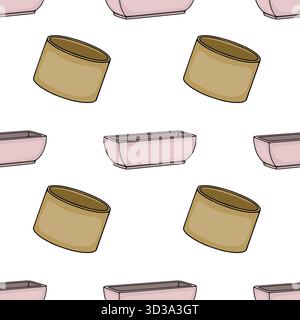 Nahtloses Vektormuster aus vereinfachten, flachen Pflanztöpfen in Pastellrosa und Beige, diagonal auf weißem Hintergrund angeordnet, was an ein sauberes und erinnert Stock Vektor