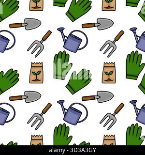 Nahtloses Vektormuster mit Gartenwerkzeugen wie Gießkannen, Kellen, Gabeln, Handschuhen und Samenpaketen, vor einem sauberen weißen Hintergrund, Stock Vektor