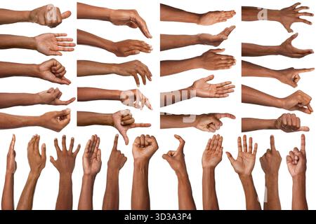 Satz Handgesten auf weißem Hintergrund. afroamerikaner zeigt Arm, Nahaufnahme Stockfoto