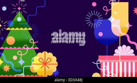 Vektor horizontale Feiertagsfahne mit Weihnachtsbaum, Geschenken und Sektgläsern. Festliches Design für Partyeinladung, Grußkarte, Meer Stock Vektor