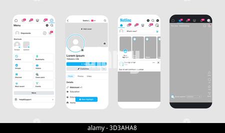 Vorlage für die mobile Benutzeroberfläche für das Design von Social-Media-Apps mit Profil, Menü, Feed und Chat-Bildschirmen für UI UX-Inspiration und Vektorillustration für die Webentwicklung Stock Vektor