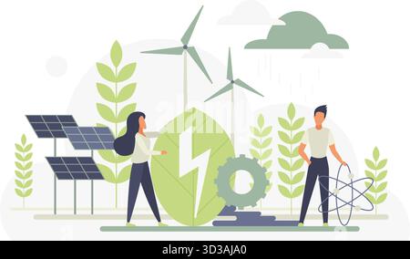 Umweltfreundliche Energiequellen wie Windturbinen und Solarpaneele mit Menschen, die nachhaltige Technologie für saubere Energie und Umweltschutz unterstützen, isolierte Vektorillustration Stock Vektor