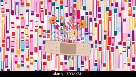 Beigefarbene Bandage mit Blumenstrauß aus orange und rosa Wildblumen auf Mosaikhintergrund, Design Stockfoto