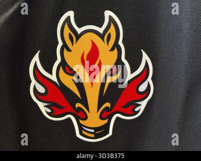 Calgary, Alberta, Kanada. April 2025. Nahaufnahme von Blasty A Calgary Flames 3. Logo auf schwarzem Jersey Stockfoto