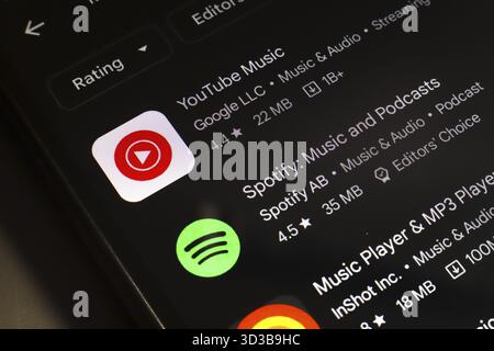 November 2024, Brasilien. In dieser Fotoabbildung wird das Logo der App YouTube Music, Spotify und Music Player auf einem Smartphone-Bildschirm angezeigt Stockfoto