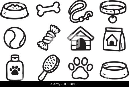 Doodle-Set für Haustiere: Schüsseln, Spielzeug und Zubehör für Hunde Stock Vektor