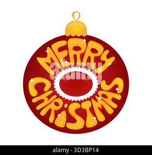 Fröhlicher Weihnachtstext auf roter Ornamentkugel mit goldenen Glitzerbuchstaben und Glitzern. Festliches Weihnachtsgrußkartendesign mit kreisförmiger Kugelform. Vec Stock Vektor