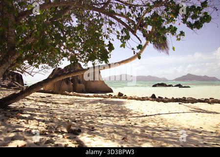 Tropischer Strand mit ruhigem türkisfarbenem Wasser und Granitfelsen, La Digue, Seychellen Stockfoto