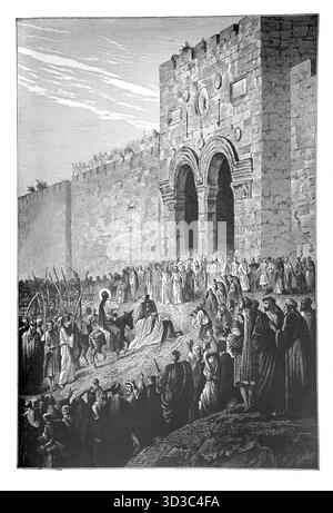 Illustration des Eintritts Jesu in Jerusalem mit Anhängern, die Tücher nehmen und auf den Boden legen, damit der Esel inmitten von Hosa auf ihm spazieren kann Stockfoto