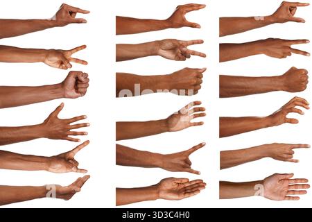 Satz Handgesten auf weißem Hintergrund. afroamerikaner zeigt Arm, Nahaufnahme Stockfoto