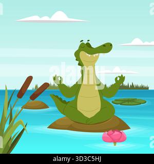 Krokodilmeditation. Cartoon niedliches Reptil in Yoga-Pose in Teichblatt Original-Kunstwerk Stock Vektor