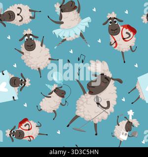 Sheeps-Muster. Niedliche Tiere in verschiedenen lustigen Posen. Vektor nahtloser Hintergrund mit Cartoon Sheeps Original Artwork Stock Vektor