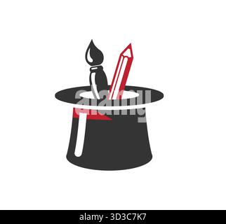 Kreative Magic hat Pinsel und Bleistift Logo Vektor Design Symbol Illustration Stock Vektor