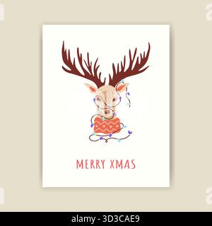 Ein Hirsch in Weihnachtslichtern und ein Pullover. Eine Zeichnung eines niedlichen Tieres, dekorierte Weihnachtskarten. Weihnachtsgirlanden zieren die Rentiere. Stock Vektor