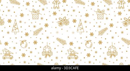 Nahtloses Weihnachtsmuster mit Neujahrsdekor. Muster von goldenen Konturvektorsymbolen auf weißem Hintergrund. Elegantes farbenfrohes Muster für Verpackungen, Geschenkpapier, Kinderkleidung und Taschen Stock Vektor