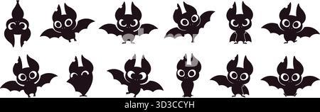 Schwarze Fledermäuse in Zeichentrick. Isolierte Fledermauscharaktere verschiedene Emotionen und Posen. Halloween lustige fliegende Monster. Neugierig wütend, verrücktes, rassiges Tier, Vektor-cli Stock Vektor