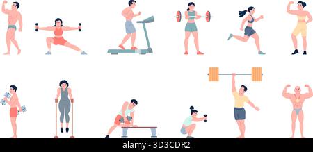 Menschen Aufbauhersteller. Muskuläre männliche und weibliche Charaktertraining in Fitnessstudio und Posen. Athleten, die Übungen machen, Fitness Charaktere neuere Vektor-Set oder Stock Vektor