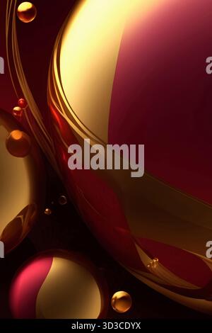 Eine künstlerische Nahaufnahme von glänzenden roten und goldenen Kugeln, die Licht reflektieren. Die geschmeidigen Kurven und satten Töne schaffen eine luxuriöse, abstrakte Komposition mit d Stockfoto