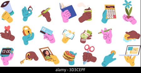 Hände, die Gegenstände halten. Hand halten verschiedene Dinge, Geld Münze Lautsprecher Stift Schlüsselbuch Telefon Kreditkarte Uhr Herz Objekt in Finger Palm, Cartoon Arm Stock Vektor