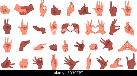 Zeichentrick-Handgesten. Hände Fingergeste, Arm Posen Handschütteln Daumen nach oben Handballenhaltung OK italienische Pose shaka Zeichen menschliche Kommunikation Symbol sha Stock Vektor