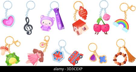 Cartoon Schlüsselanhänger. Schlüsselanhänger, Schlüsselhalter mit Schmuckstück Puppe auf Kettenring Anhänger dekorativer Anhänger für Türschlüssel Tasche Schlüsselanhänger Design Hängezubehör Stock Vektor